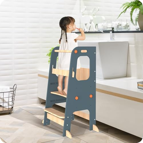 SUPTIDY Montessori-Lernturm aus Holz – Höhenverstellbarer Küchenhocker (3 Stufen) mit rutschfesten Füßen & Sicherheitsbügel – Für Kinder 1,5–5 Jahre, Dunkelblau
