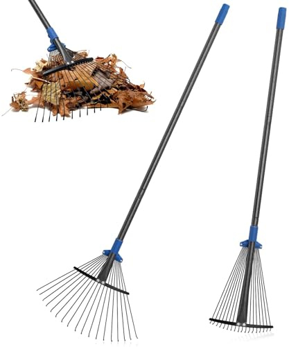 Harrms Trädgårdsbladkratt, 18-taggig Metallkratt med Justerbart Huvud 25-45cm, Gräsmattekratt med Ergonomisk Handtag 135 cm för Möteslös Bladinsamling, Renhållning av Trädgårdsavfall