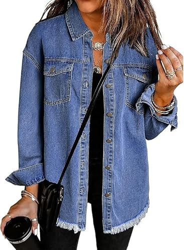 TANMESSO Överdimensionerad denimjacka för kvinnor, ledig långärmad sliten jeansskjorta, höstkläder