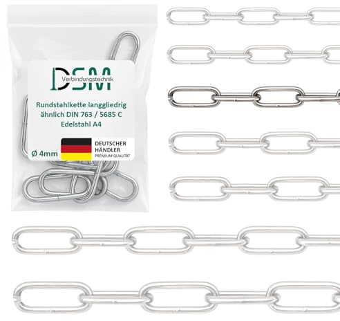 DSM – Rundstahlkette 4 mm Ø – langgliedrig DIN 763 – Edelstahl A4 – 0,5 m