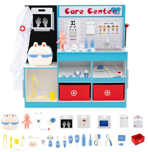 COSTWAY 29 Delar Läkarset med Läkarfodral, Trä Läkarlekset med Röntgenfilm, EKG-monitor, Synpanel, Kran, Handfat och Storlekskniv, Läkare Rollspel för Barn från 3 År, Blå
