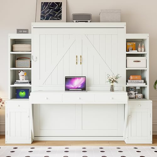 Merax Queen Size Murphy Bed with Desk and LED Lights, Power Outlet, Foldable Murphy Cabinet Bed with Open Storage Shelves & Drawers, Wood Space-Saving Hidden Wall Bed for Guest Room Office, White