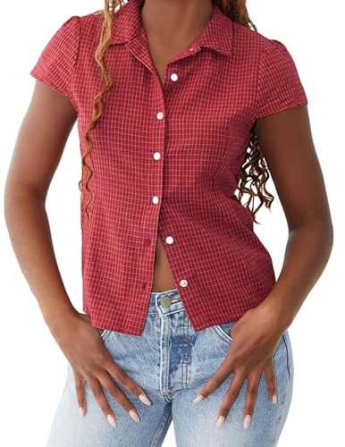 BABWWNIX Y2k Button Down Shirts for Women Short Sleeve V Neck Cropped Work Office Blouse Top Slim Fit Coquette Going Out Tops