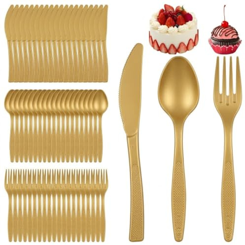 150 stycken återanvändbara bestickset – högkvalitativa bestick, festbestick återanvändbara, praktiska skedset för familjeanvändning, återanvändbara sköljbara dessertgafflar för fester (guld)