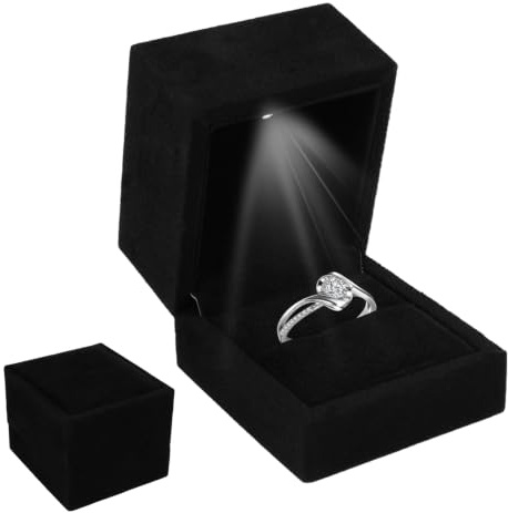 Svart LED-ringlåda 6,5 x 6 x 5,5 cm – smyckeskrin i sammet med innerbelysning, smyckeslåda för ringar, örhängen, elegant presentation, förvaring och förlovningsförslag