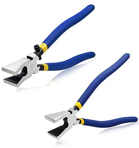 SPEEDWOX Glass Cutting Breaking Pliers 2 Pcs Kit Flat Serrated Jaws Adjustable Set Screw 8 Inches Durable Stained Glass Tools Heavy Duty Mosaics Breaking
