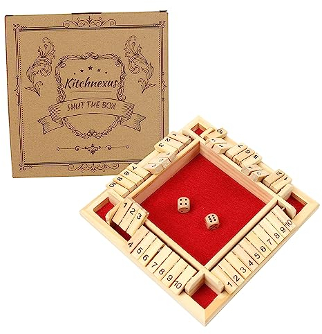 Kitchnexus 4-Player Shut The Box Wooden Table Game Classic Dice Board Toy (red)