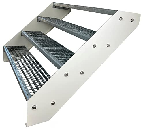 Escaleras de zanca de acero 4 Escalones Totalmente galvanizada y Blanco con recubrimiento de polvo - Medidas (L x A x A) 82cm x 80cm x 76cm Resistente a la intemperie y la corrosión