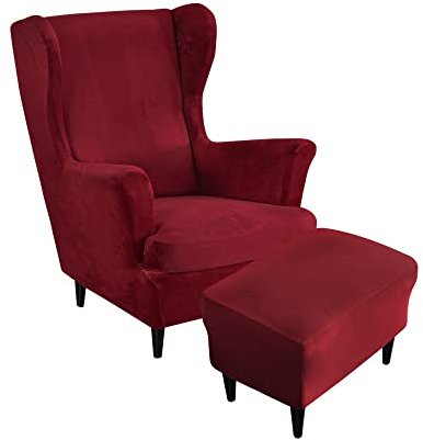 Highdi 2 Teilig Samt Ohrensessel Überzug Mit Ottomane Schonbezug, Sessel-Überwürfe Ohrensessel Schonbezüge Bezug Sesselhusse Stretch Tiger Stuhlbezug mit Armlehne Hohe Rückenlehne (Dunkelrot)