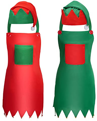 HOVEOX 4 Pieces Christmas Elf Apron and Hat Christmas Apron and Hat Set (Large, Red and Green)