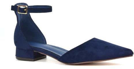 ESSEX GLAM Women's Low Heel Point Toe Ankle Strap Court Shoes Ladies Navy Faux Suede Wedding Dress Flat Pumps Size 3