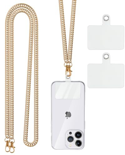 Coiwxmoi Cordón de Cadena para Teléfono Móvil para el Cuello, Metal Correa Universal para Teléfono Móvil con Parches Compatible la Mayoría de Las Fundas de Teléfono para Niña Mujer, Oro