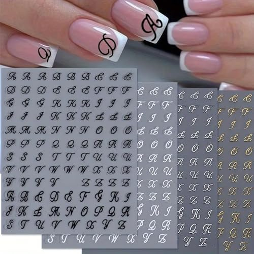 BelleVive 4 Fogli Adesivi per Unghie con Lettere Inglesi Retrò per Nail Art 3D, Autoadesivi Personalizzati, Suggerimento per Manicure Fai Da Te