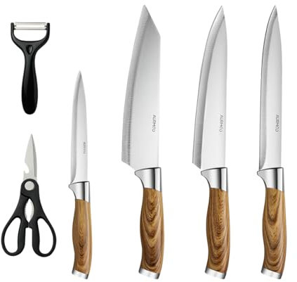 AURMOO Set di Coltelli da Cucina Professionali, Set Coltelli da Cucina, Coltello da Cuoco, Coltello da Taglio, Coltellos Universale, Coltelli da Tavola e Utensili Cucina, Forbici, 6 Pezzi