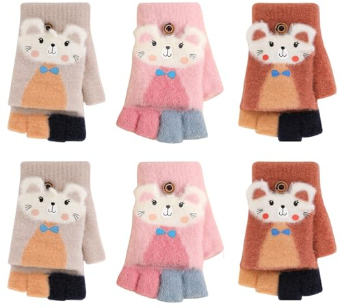 QKURT Lot de 3 Paires de Gants Sans Doigts pour Enfants, Gants Convertibles, Gants Demi-Doigts, Mitaines Chaudes pour l'Hiver, Gants Magiques Extensibles pour Garçons et Filles de 5 à 12 Ans
