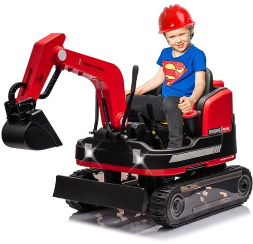 JOYLDIAS 360 Degree Rotating Ride On Excavator and Bulldozer,12V12AH Battery Powered Ride On Toy Backhoe W/Track Design Wheels for All Terrain,Remote Control,MP3,Toolbox for Kids,Parent,Red