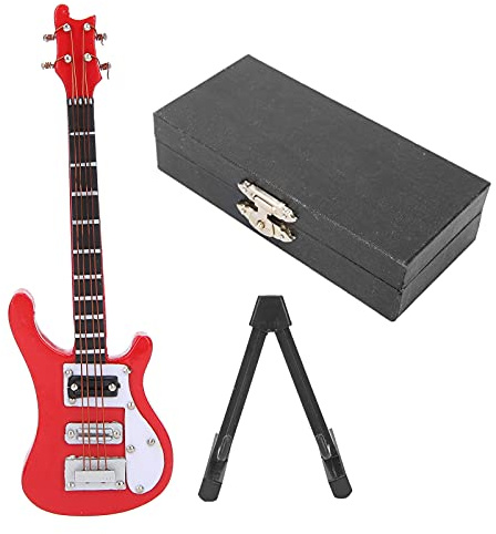Jwthee Mini Guitare Basse Électrique, Guitare Électrique Miniature en Bois avec Support, Ornement de Musique, Modèle de Maison de Poupée Miniature, Modèle de Basse de Rouge