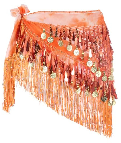 sourcing map Belly Dance Hip Scarf with Tassels Sequins Women's Gradient Triangle Wrap Skirt with Coins for Music Festival Party Costume Performance(Orange)
