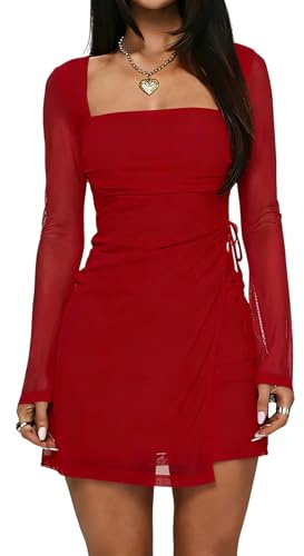 Women Mesh Long Sleeve Short Dresses Y2K Square Neck Wrap Bodycon Dress Cocktail Party Mini Dress Red L