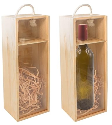 2 stycken vinlådor av trä, presentförpackning med transparent skjutlock och handtag, förvaringslåda för gåvor, vinlåda, trälåda för årsdagar, bröllop, inflyttningsfest, födelsedag, 34 x 11 x 11 cm