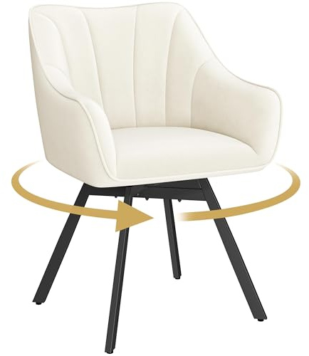 Yaheetech Swivel Dining Chair with Armrests and Backrest, Modern Velvet Side with Metal Legs and Rotating Seat,Kitchen Chair for Dining Room,Living Room,Bedroom,Office,Beige | 360° Swivel Seat | Velvet Upholstery | Tub Design with Armrests | Black Metal Legs | For Dining Vanity Bedroom