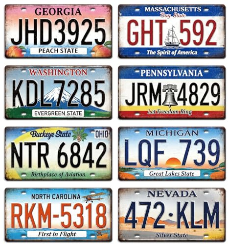GLOBLELAND 8 Pcs Vintage License Plate 11.8x5.9 Vintage Metal Tin Sign License Famous Scenery Metal Car Plates Retro Wall Art for Man Cave Bar Pub Cafe Home Decor