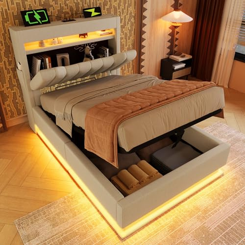 LAKFEW Cama 90x200 cm Camas Juveniles con USB y LED, Cama Individual Tapizada con Almacenaje Hidráulico y Cabecero de Almacenamiento, Camas Infantiles Individuales, Lino, Beige, Sin Colchón