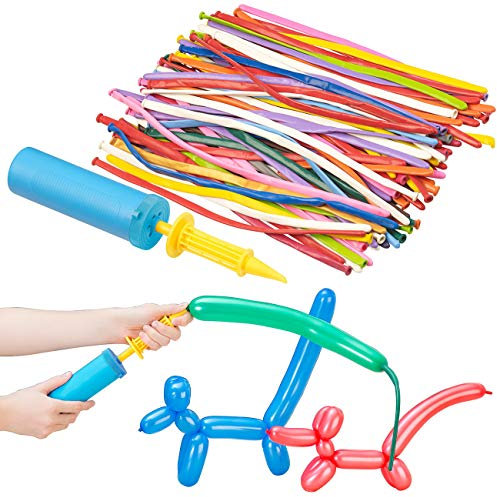 PEARL Modellierballons: Effiziente Doppelhub-Luftballonpumpe mit 100 bunten Modellier-Ballons (Modellierballons mit Pumpe, Modellier Luftballon, Buchstaben)