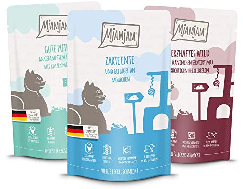 MjAMjAM - nourriture humide premium pour chat - Colis mixte II 4* gibier & lapin, 4* dinde, 4* canard & volaille, pack de 12 (12 x 125 g), sans céréales avec supplément de viande