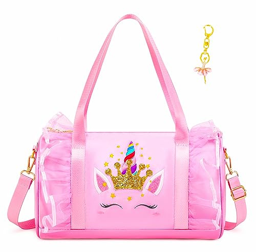 Dorlubel Cute Ballet Dance Bag Gym Travel Duffle Bag for Girls Tutu Dress Bag with Key Chain for Girls (Pink4 of Long Mesh)