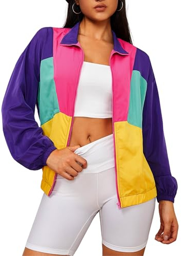 WDIRARA Women's Color Block Zipper Front Long Sleeve Sporty Windbreaker Jacket Multicolor L