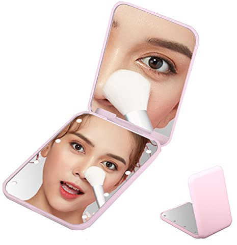 Pocket Mirror with LED Light, 1X/3X Magnification LED Compact Travel Makeup Mirror, Lighted Travel Mirror for Purse,Handbag,Pocket,Handheld 2-Sided Makeup Mirror. (Pink)