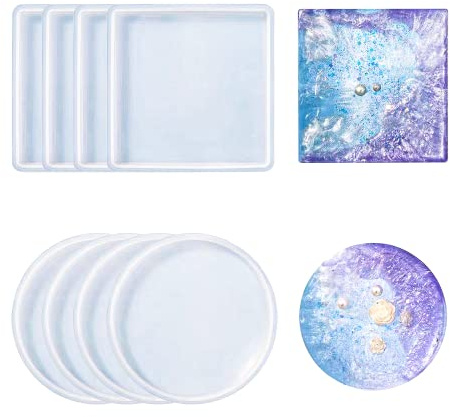 LOREC 8 Pcs Coaster Moulds for Epoxy Resin Transparent Square Coaster Resin Mould and Round Resin Coasters Moulds Silicone Resin Mold for Making DIY Cups Mats,Tray,Home Decoration