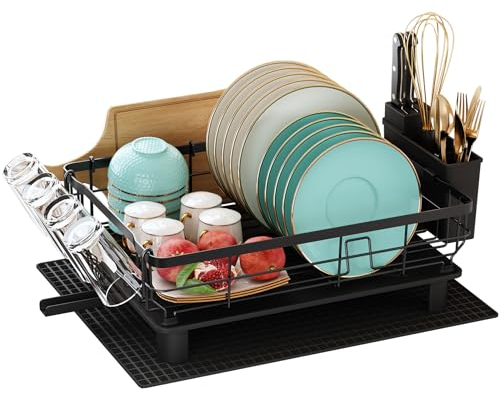 MAJALiS Dish Drainer Rack with Drip Tray, Dish Drainer with 360° Swivel Spout and Drainer Mat, Stainless Steel Dish Rack with Cup Holder and Cutting Board Holder for Kitchen Sink, Black