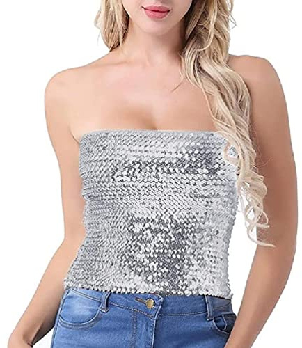 Top da donna con paillettes scintillanti senza maniche a tubo elasticizzato a fascia senza spalline glitter metallizzato crop top canotta per feste Clubwear paillettes top a fascia per le donne
