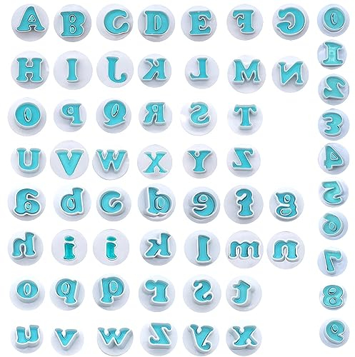 GOIYZTTR 62 Stück Buchstaben Zahlen Kuchen Fondant Formen Fondant Buchstaben Ausstecher Wiederverwendbar Zahlen Fondant Ausstecher für Kuchen, Keks