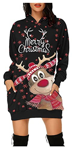 Julklänning för kvinnor, långärmad tröjklänningar, god jul huvtröja, klänning, höst, vinter, rund hals, tröjklänning, rentryck, huvtröja, klänning, lång jultröja, jultröja