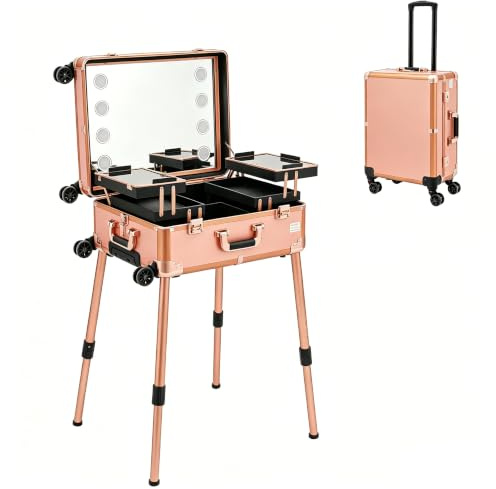 TESUGN Maletín de cosméticos con ruedas, bolsa de maquillaje portátil de viaje, maletín de maquillaje, organizador de maquillaje, maletín 3 en 1, patas ajustables, ruedas giratorias 360°, Rosa.,