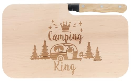 Spruchreif Planche à pain avec couteau « Camping King » - Planche en bois gravée avec motif de camping-car - Cadeau amusant pour les hommes et les amateurs de camping
