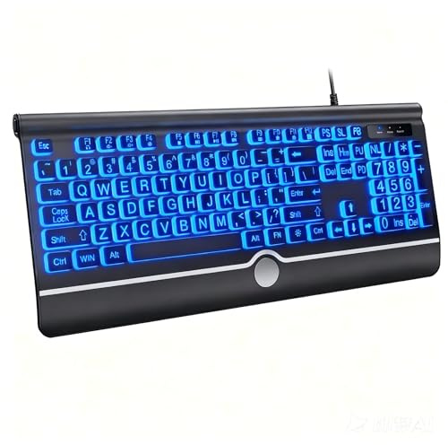 KOPJIPPOM tangentbord med tangentbord, bakgrundsbelyst tangentbord med handledsstöd, 7-färgs bakgrundsbelyst, Plug and play, hopfällbara stativ, spillbeständigt, sladdat fullstorlekstangentbord för