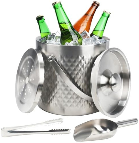 Minnhua 3L Seau a Glacon Seau a Champagne Sceaux à Glace Et Rafraîchisseur Double Paroi Seau à Glaçons Isotherme En Acier Inoxydable En Losange Avec Couvercle Pince Pelle Et Passoire