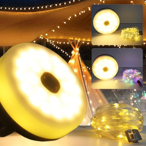 HOSPAOP Campingljuskedja upprullbar, 10 m LED campinglampa, USB-uppladdningsbar med fjärrkontroll, vattentät, dimbar, campinglampa, utomhus, för camping, trädgård och vandring (varm + färgglad)