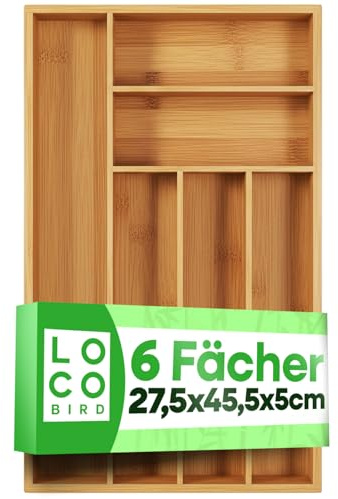 Sidorenko Loco Bird - Caja de cubiertos para cajones de bambú, 6 compartimentos, 27,5 x 44,7 x 5 cm, organizador de cubiertos de madera