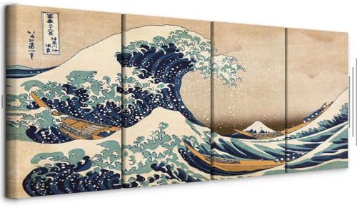 murando - Quadro Acustico La grande Onda di Kanagawa Hokusai 160x60 cm 4 Pezzi - Stampa su Tela Schiuma Acustica - Quadri Fonoassorbenti Decorativi Moderni - Protezione Rumori Soggiorno p-B-0009-b-i