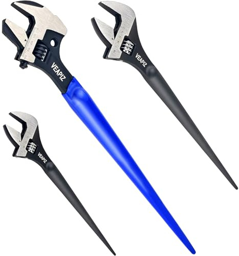 VEAPIZ 3-Piece Adjustable Wrench Set (10/12/16 Inch), 4-in-1 Adjustable Wrench with Wide Jaw Opening, Black Oxide Finish, Metric/SAE Scales, Cr-V Steel Functions as Plumbing Wrench, Hammer & Pry Bar.