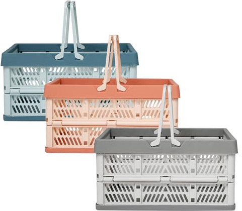 Pilikoll 3 Piezas Caja Plegable Plastico con Mangos Cestas de la Compra Plegables Portátil Caja Plegable Plastico para Viajes, Dormitorio, Camping, Almacenamiento de Alimentos (30.5x20.5x16.5cm)