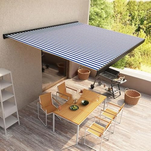 Kassettmarkis med motor, 450 x 300 cm, blå och vit, pulverlackerad aluminium och PU-belagt markistyg – perfekt solskydd för terrass och trädgård