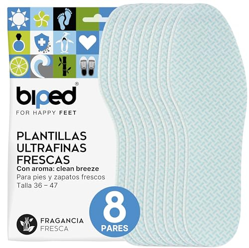 biped FRESH! 8 paires de semelles fraîcheur clean breeze - Semelles intérieures au parfum frais - Extra fines - Semelles contre les odeurs de pieds z1019(46-47)