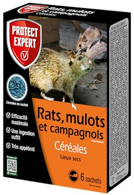 PROTECT EXPERT RAMUCAM150 Anti Rats, Mulots & campagnols - 6 sachets de céréales - Lieux Secs - 125g - Efficacité Maximale - Une Ingestion Suffit - Très Appétent