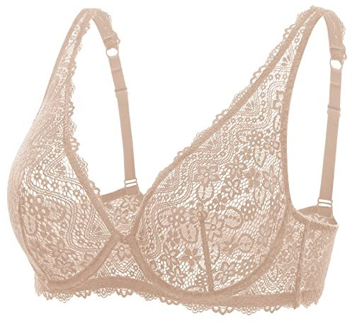 DOBREVA Damen Spitze Bralette Sexy BH mit Bügel Ungefüttert Plunge Comfy Beige 80B